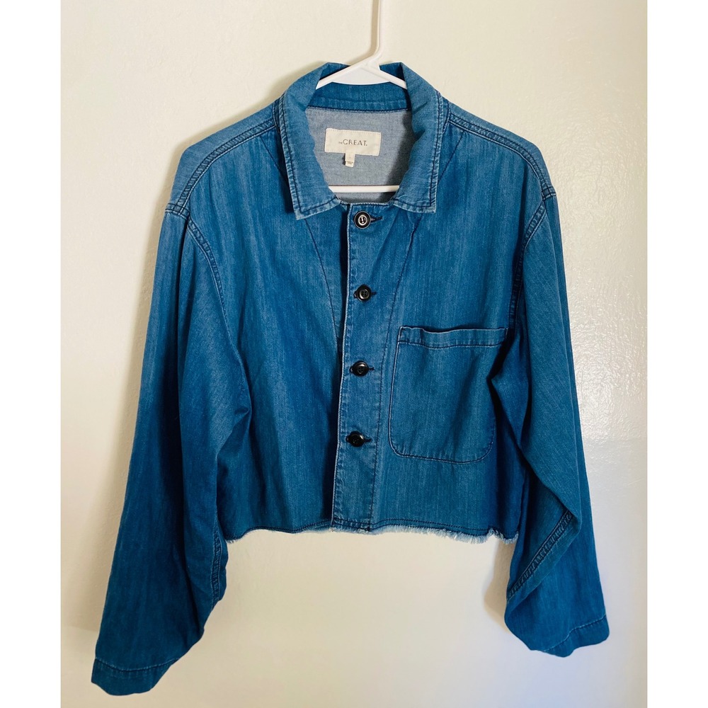 The GREAT Crop Chore Jacket Chambray Denim Raw Hem Boxy Cropped Jacket Size 2 - Picture 2 of 10
